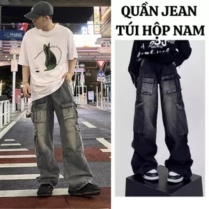 Quần Jean Túi Hộp Nam FABUMAN ống Rộng Cạp cao Phong cách màu Xanh Đen BIGSIZE Chất bò cao cấp