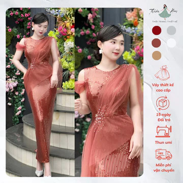 Đầm Dạ Hội Kim Sa Phối Lưới Trẻ Trung, Váy Dạ Hội Dự Tiệc Cao Cấp Trung Niên Bigsize Mã Kim Sa M106