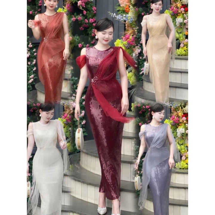 Đầm Dạ Hội Kim Sa Phối Lưới Trẻ Trung, Váy Dạ Hội Dự Tiệc Cao Cấp Trung Niên Bigsize Mã Kim Sa M106