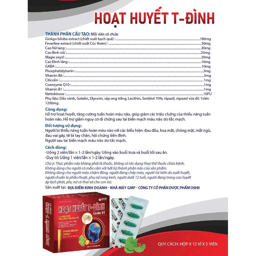 [CHÍNH HÃNG - CÓ QUÀ] HOẠT HUYẾT T_ĐÌNH GINKGO BILOBA ETRACT ( Hỗ trợ tăng cường tuần hoàn máu não)