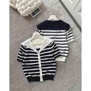 LT - Áo len nữ mongtoghi kẻ ngang cổ v giả khăn quàng cộc tay free size 1180