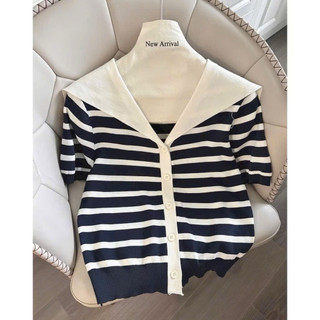 LT - Áo len nữ mongtoghi kẻ ngang cổ v giả khăn quàng cộc tay free size 1180