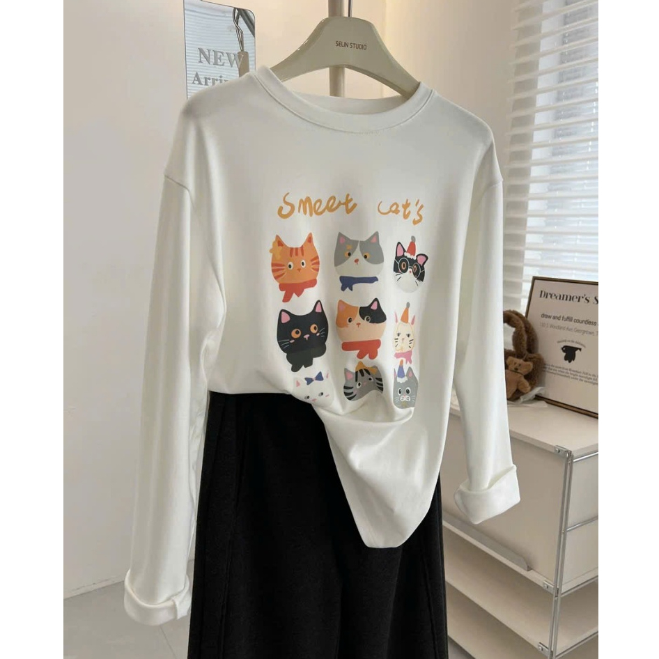 Áo dài tay nữ màu trắng in hình Mèo cá tính JULY FASHION, Áo thun nữ, Áo phông nữ tay dài dáng rộng mặc Thu Đông