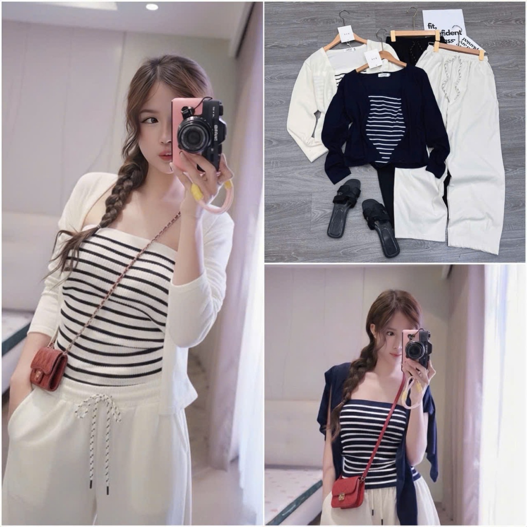 2026[SÉT ÁO QUÂY KẺ- Quần Baggy] Sét 2 áo choàng-quây tăm hàn phối liền kẻ+ quần baggy thô kaki.Đủ size SMLXL 40kg- 70kg