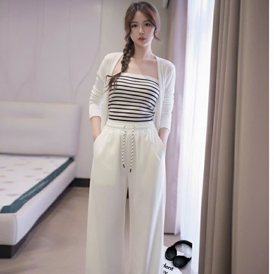2026[SÉT ÁO QUÂY KẺ- Quần Baggy] Sét 2 áo choàng-quây tăm hàn phối liền kẻ+ quần baggy thô kaki.Đủ size SMLXL 40kg- 70kg