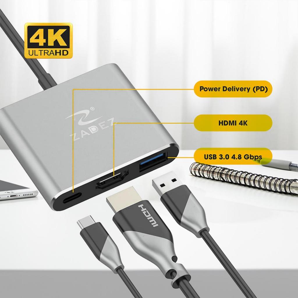 Bộ Chuyển Đổi  ZADEZ ZAH-513 TYPE-C HUB (3 trong 1) Kết nối USB-C/HDMI/Cổng USB 3.0