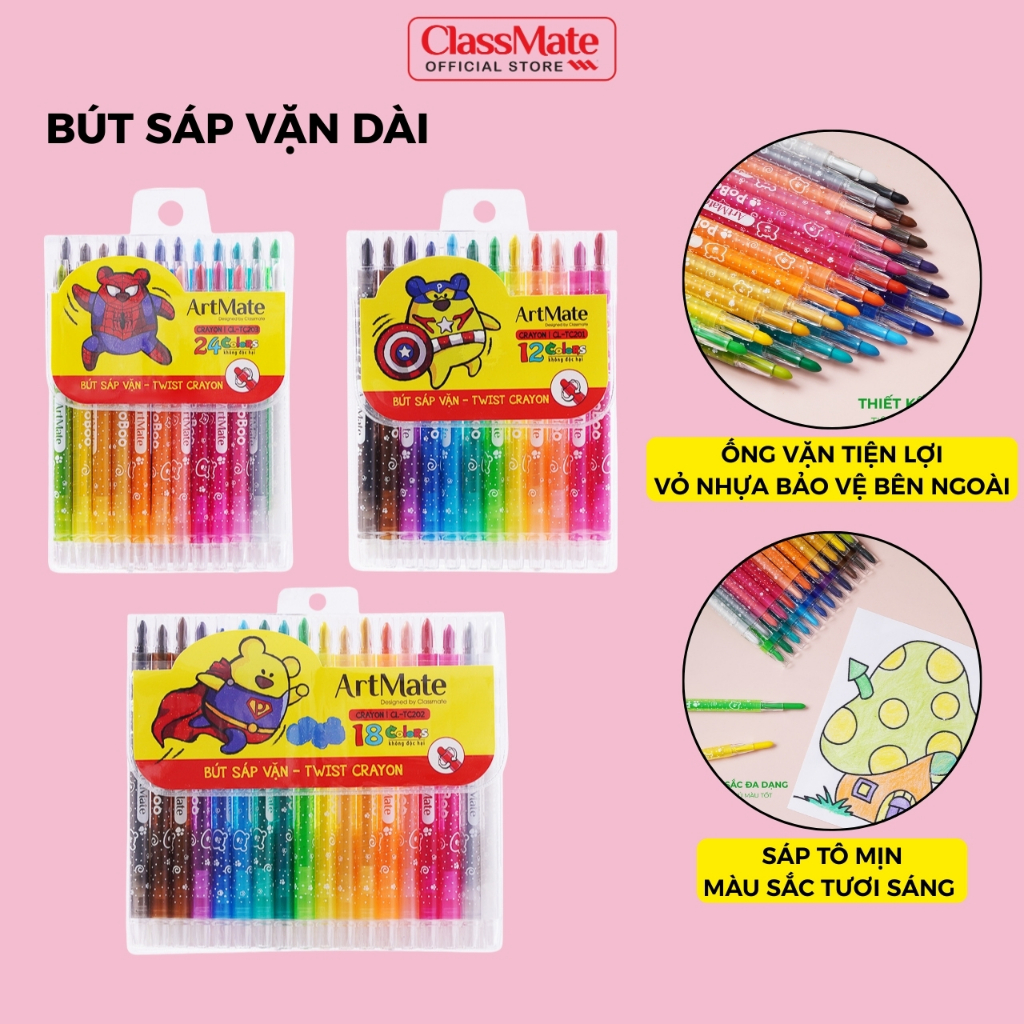 Bút Sáp Vặn 12/18/24 Màu Classmate Bút Sáp Màu Dài Có Ống Vặn Bảo Vệ, Màu Tươi Sáng, Tô Mịn Cho Bé CL-TC201/202/203