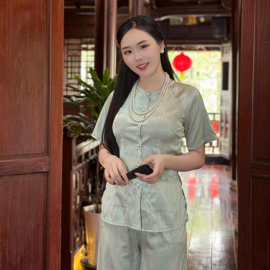 B.A145 - Bộ Áo Bà Ba  Tay Ngắn Gấm Vân Xước ( QUẦN GẤM XƯỚC ) Cổ Tròn Nút Bọc Cài Nút