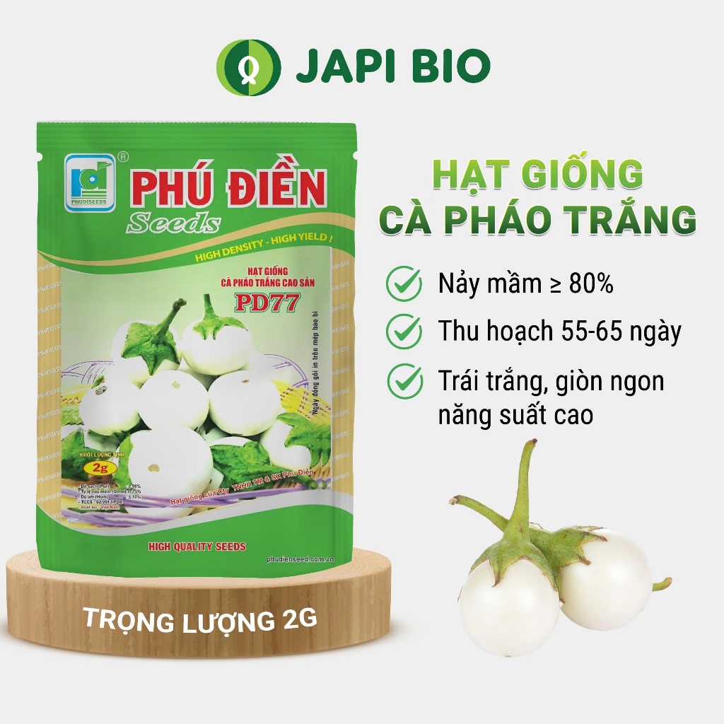 Hạt giống Cà Pháo Trắng Cao Sản PD77 – Trái Tròn Trắng Đẹp, Năng Suất Cao, Ăn Giòn Ngon – Gói 2g