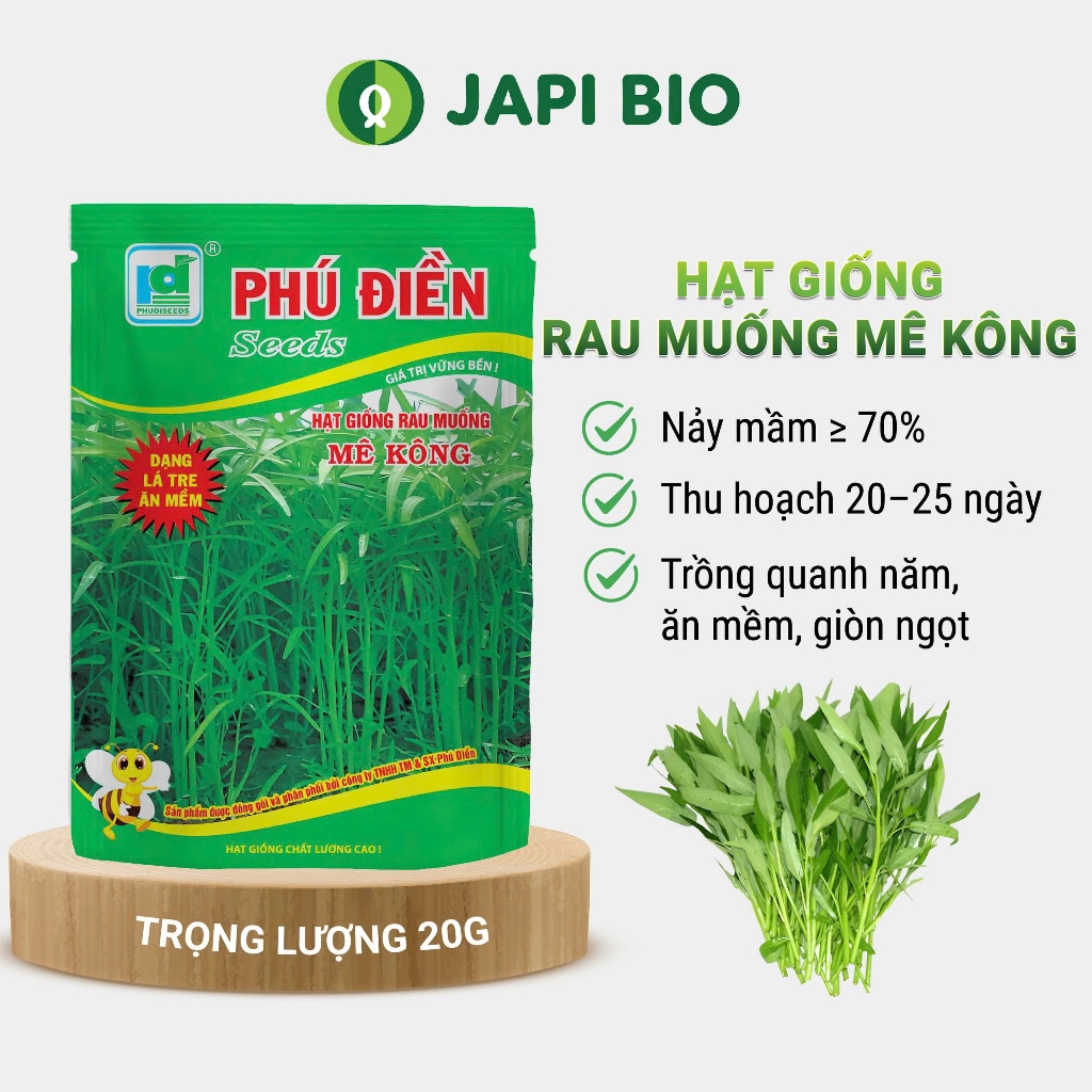Hạt giống rau muống lá tre Mê Kông Phú Điền – Rau muống xanh mướt, dễ trồng, Gói 20g / 50g