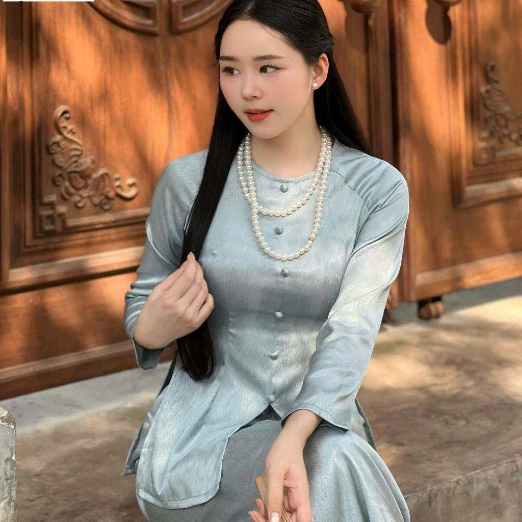 B.A143 - Bộ Áo Bà Ba Gấm Vân Xước ( QUẦN GẤM XƯỚC ) Cổ Tròn Nút Bọc Dây Kéo