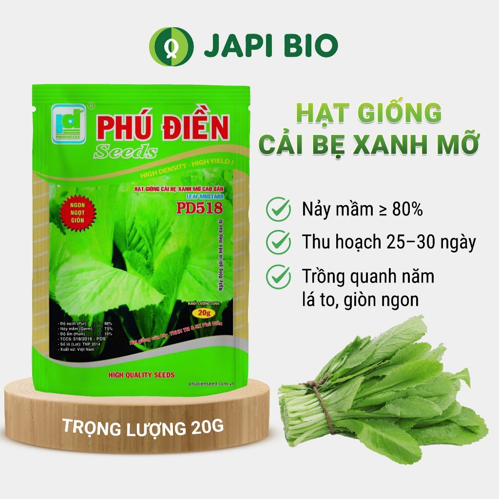 Hạt Giống Cải Bẹ Xanh Mỡ Cao Sản PD518 – Gói 20g | Hạt Giống Rau Ăn Lá Dễ Trồng, Thu Hoạch Nhanh