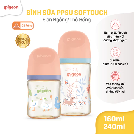 Bình sữa Pigeon chống đầy hơi cổ rộng cho bé sơ sinh núm ti siêu mềm chống sặc chính hãng