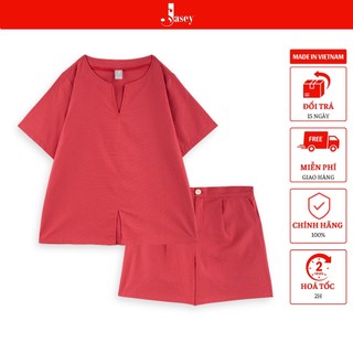 Bộ đũi nữ áo cổ viền tròn JASEY, Bộ nữ quần đùi vãi đũi mềm mịn mát nhẹ thoáng mát mã 3510