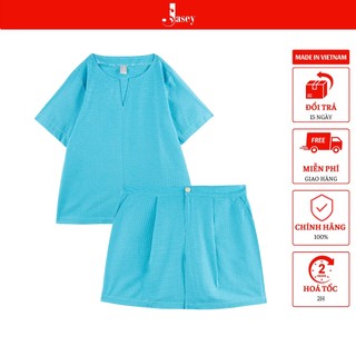 Bộ đũi nữ áo cổ viền tròn JASEY, Bộ nữ quần đùi vãi đũi mềm mịn mát nhẹ thoáng mát mã 3510