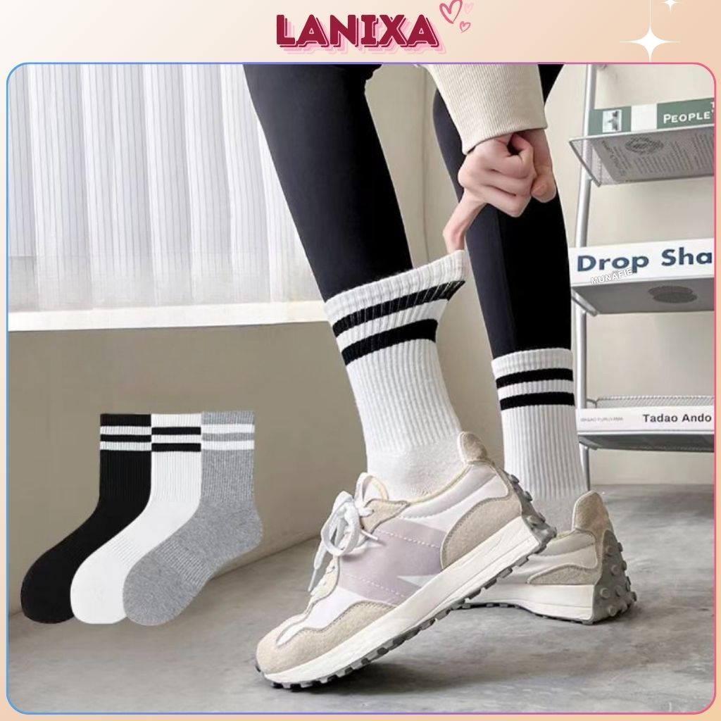 Tất nam nữ cổ trung cotton mềm mại thoáng mát 2 sọc dày dặn êm ái thấm hút và co dãn tốt LANIXA T588