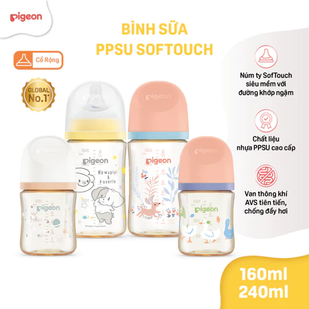 Bình sữa Pigeon chống đầy hơi cổ rộng cho bé sơ sinh núm ti siêu mềm chống sặc chính hãng