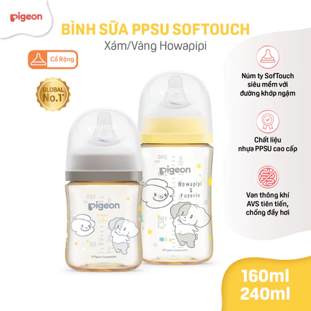 Bình sữa Pigeon chống đầy hơi cổ rộng cho bé sơ sinh núm ti siêu mềm chống sặc chính hãng 1