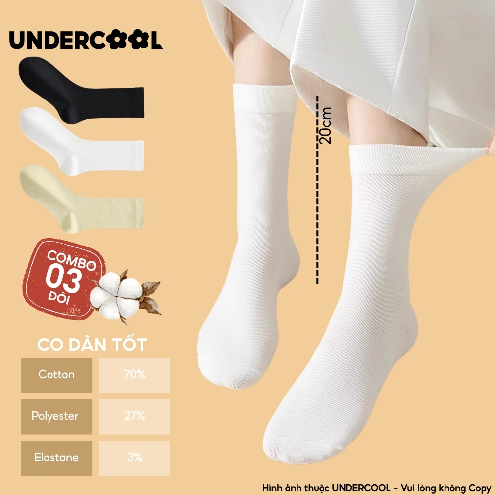 Combo 3 Đôi Vớ Tất Cổ Cao Nữ UNDERCOOL Chất Cotton Dày Dặn, Co Giãn Tốt, Thấm Hút Mồ Hôi Tốt (Vớ Trơn) CB-TC93