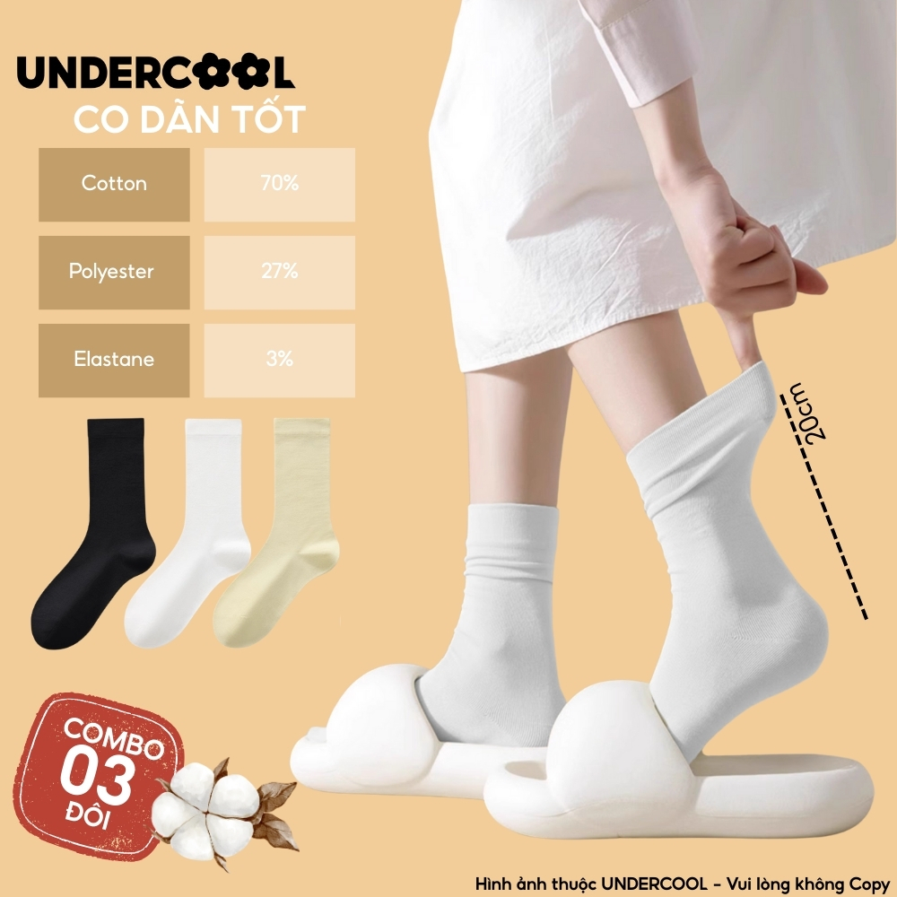 Combo 3 Đôi Vớ Tất Cổ Cao Nữ UNDERCOOL Chất Cotton Dày Dặn, Co Giãn Tốt, Thấm Hút Mồ Hôi Tốt (Vớ Trơn) CB-TC93