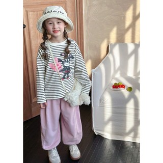[B&G] Sét bộ dài Áo thun kẻ sọc dài tay Quần ống rộng hồng pastel cho bé gái từ 10-45kg(2-12 tuổi)
