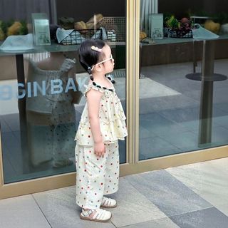 Bộ Đồ Bé Gái, Sét Áo 2 Dây Cho Bé Gái Quần Ống Suông Chấm Bi Chất Liệu Cotton Mềm Mại