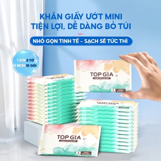 [NHỎ GỌN, TINH TẾ] Khăn ướt mini cao cấp TOPGIA túi 10 gói 8 tờ mềm mại, không mùi không parabens