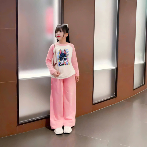 4-15 TUỔI. Bộ quần áo thu đông dài tay cho bé gái in hình thỏ rabit chất vải thun tăm mềm mịn co giãn thoải mái. M45