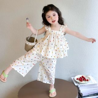 Bộ Đồ Bé Gái, Sét Áo 2 Dây Cho Bé Gái Quần Ống Suông Chấm Bi Chất Liệu Cotton Mềm Mại