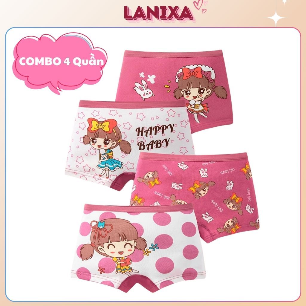 COMBO 4 Quần chip đùi bé gái chất cotton co giãn thấm hút đáy kháng khuẩn họa tiết cute LANIXA L8009