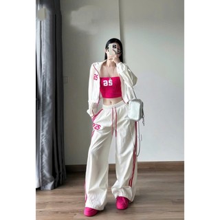 Set bộ thời trang nữ phong cách đường phố chất Dù Gió Kèo tay dài kèm áo Thun ống thêu số phối quần dài ống rộng