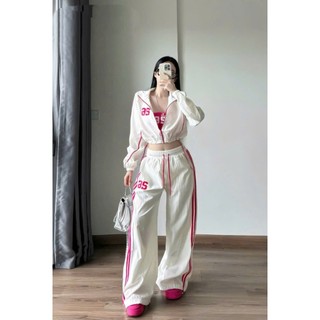 Set bộ thời trang nữ phong cách đường phố chất Dù Gió Kèo tay dài kèm áo Thun ống thêu số phối quần dài ống rộng