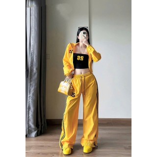 Set bộ thời trang nữ phong cách đường phố chất Dù Gió Kèo tay dài kèm áo Thun ống thêu số phối quần dài ống rộng