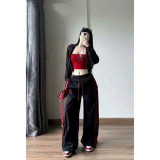 Set bộ thời trang nữ phong cách đường phố chất Dù Gió Kèo tay dài kèm áo Thun ống thêu số phối quần dài ống rộng