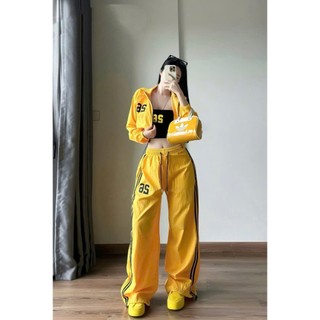 Set bộ thời trang nữ phong cách đường phố chất Dù Gió Kèo tay dài kèm áo Thun ống thêu số phối quần dài ống rộng