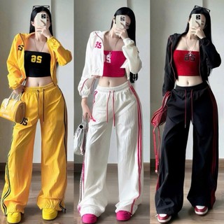 Set bộ thời trang nữ phong cách đường phố chất Dù Gió Kèo tay dài kèm áo Thun ống thêu số phối quần dài ống rộng