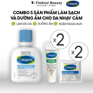 Combo 5 sản phẩm làm sạch và dưỡng ẩm cho da nhạy cảm Cetaphil: sữa rửa mặt 5/59ml, kem dưỡng 5ml