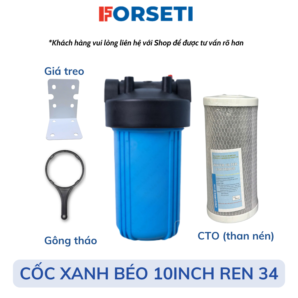 Bộ Lọc 10 Inch Béo FORSETI Ren 34 Đầy Đủ Phụ Kiện Kèm Gông Tháo, Giá Treo