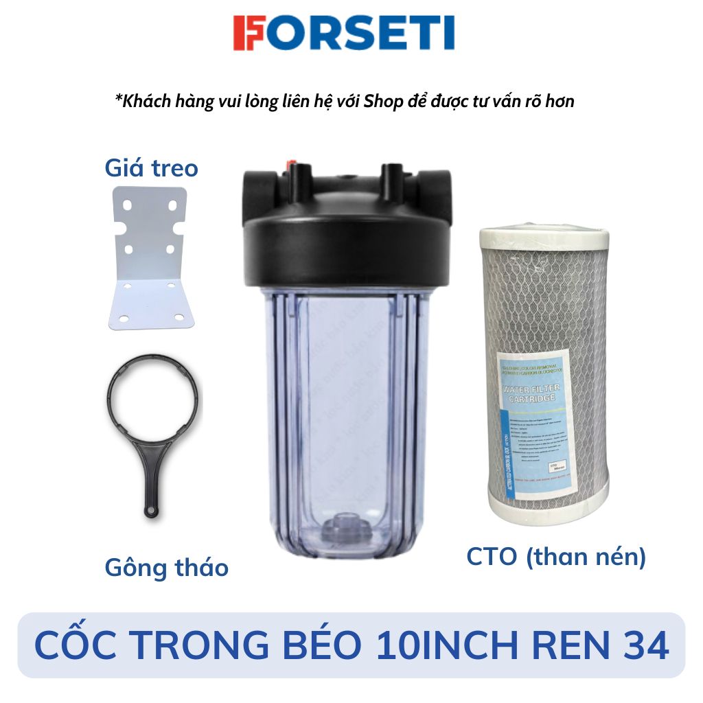 Bộ Lọc 10 Inch Béo FORSETI Ren 34 Đầy Đủ Phụ Kiện Kèm Gông Tháo, Giá Treo