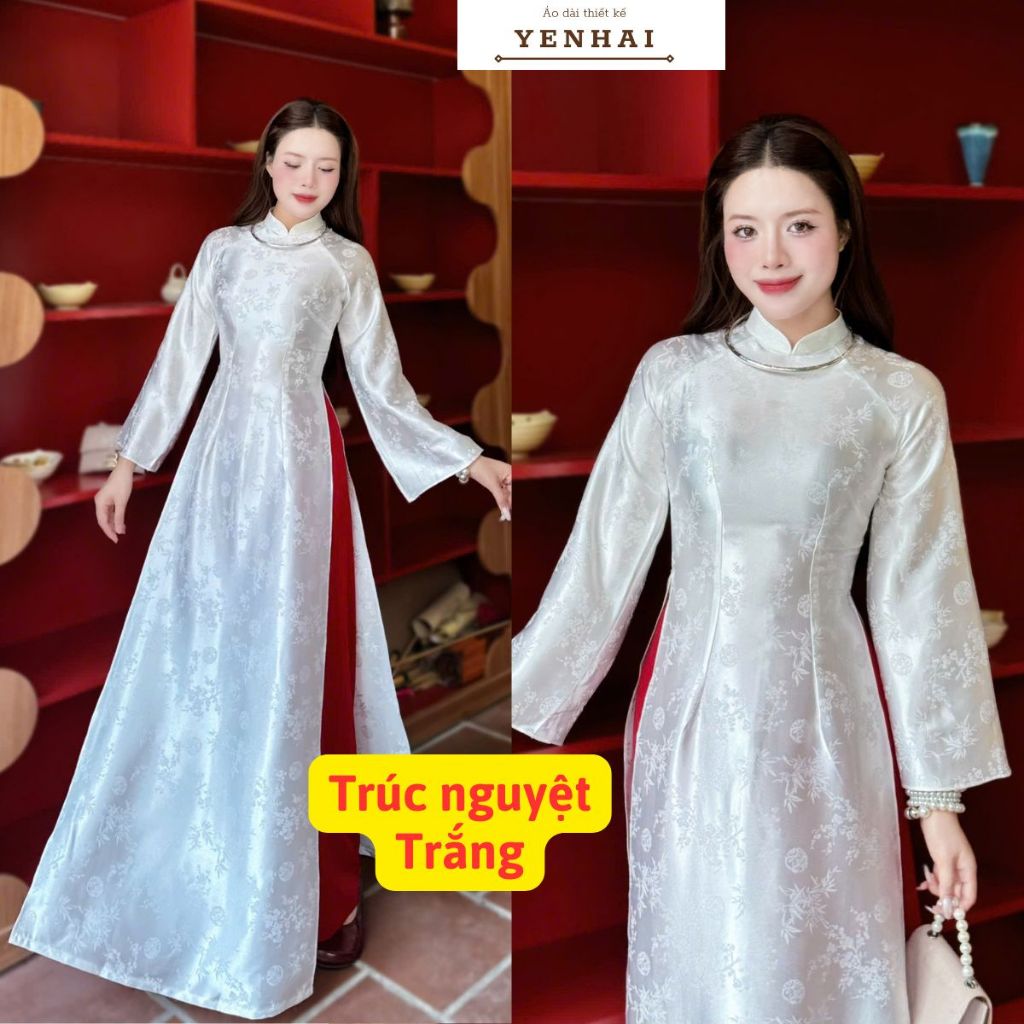 Áo dài thiết kế tay xuông loe chất gấm trúc nguyệt dày co giãn nhẹ mặc lễ tết Đẹp