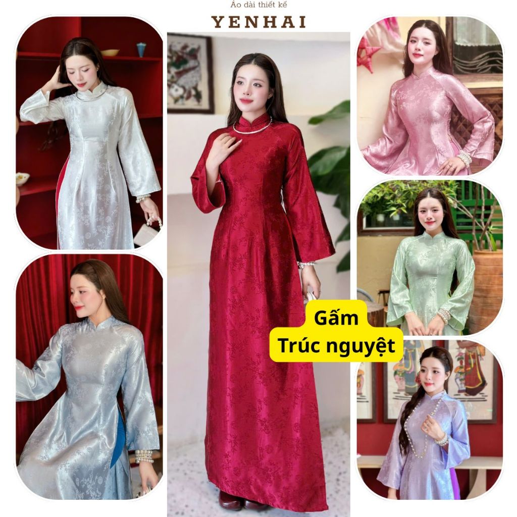Áo dài thiết kế tay xuông loe chất gấm trúc nguyệt dày co giãn nhẹ mặc lễ tết Đẹp