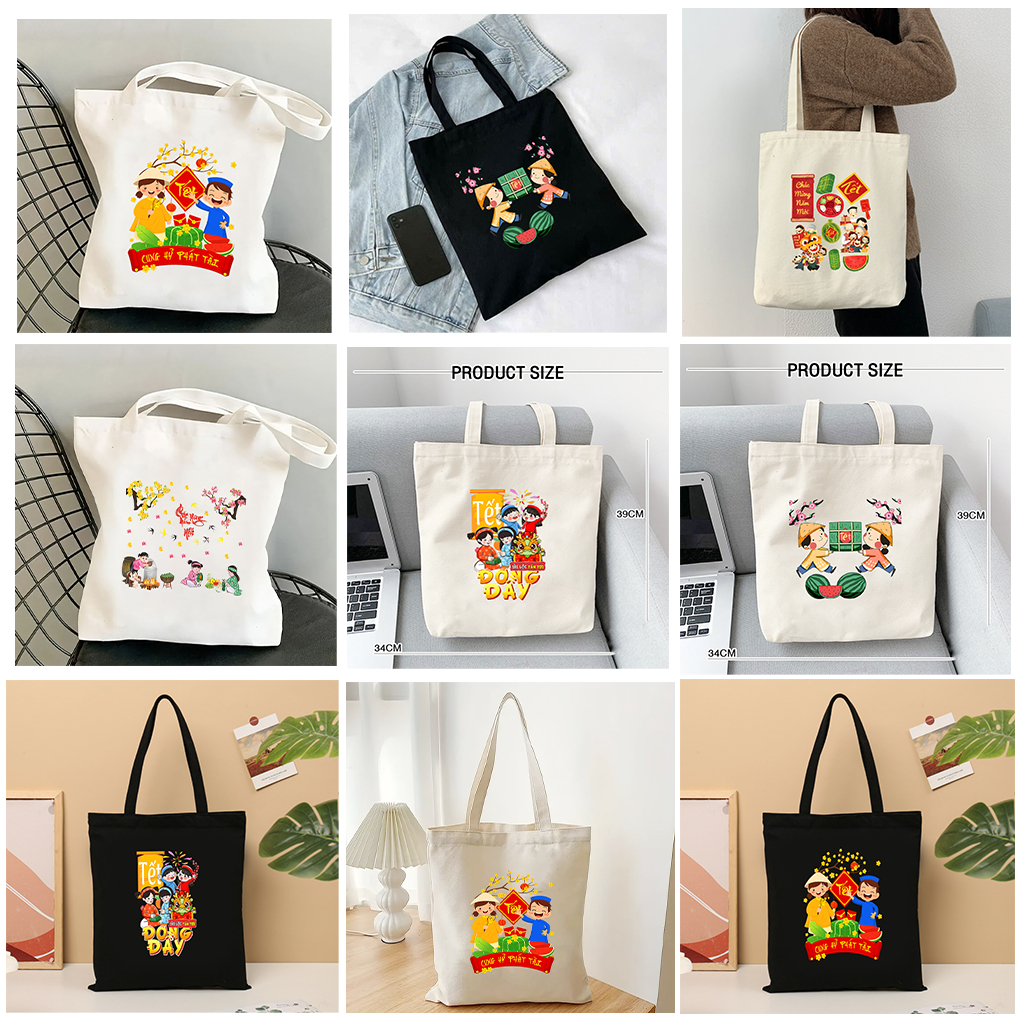 Túi tote TẾT CHÚC MỪNG NĂM MỚI 2026 có khóa kéo - Túi vải canvas Happy TẾTđựng vừa A4 laptop 35x40cm tota0256