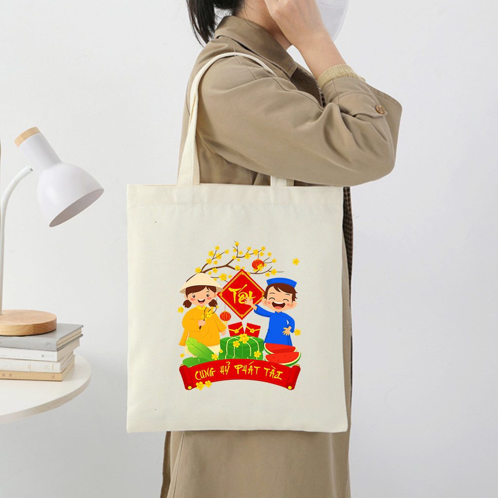 Túi tote TẾT CHÚC MỪNG NĂM MỚI 2026 có khóa kéo - Túi vải canvas Happy TẾTđựng vừa A4 laptop 35x40cm tota0256