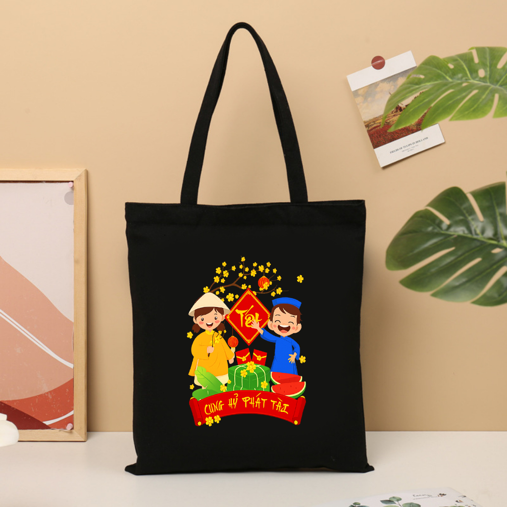 Túi tote TẾT CHÚC MỪNG NĂM MỚI 2026 có khóa kéo - Túi vải canvas Happy TẾTđựng vừa A4 laptop 35x40cm tota0256