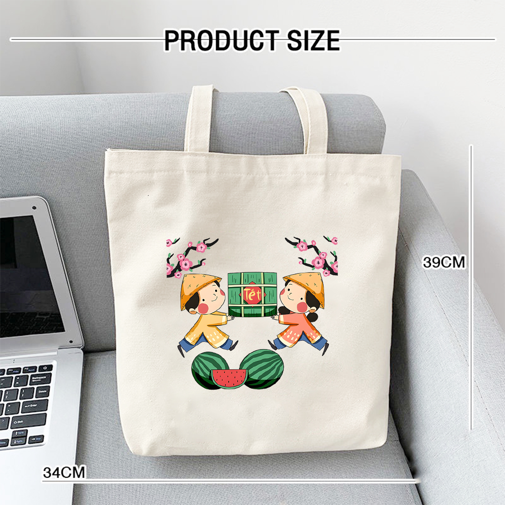 Túi tote TẾT CHÚC MỪNG NĂM MỚI 2026 có khóa kéo - Túi vải canvas Happy TẾTđựng vừa A4 laptop 35x40cm tota0256