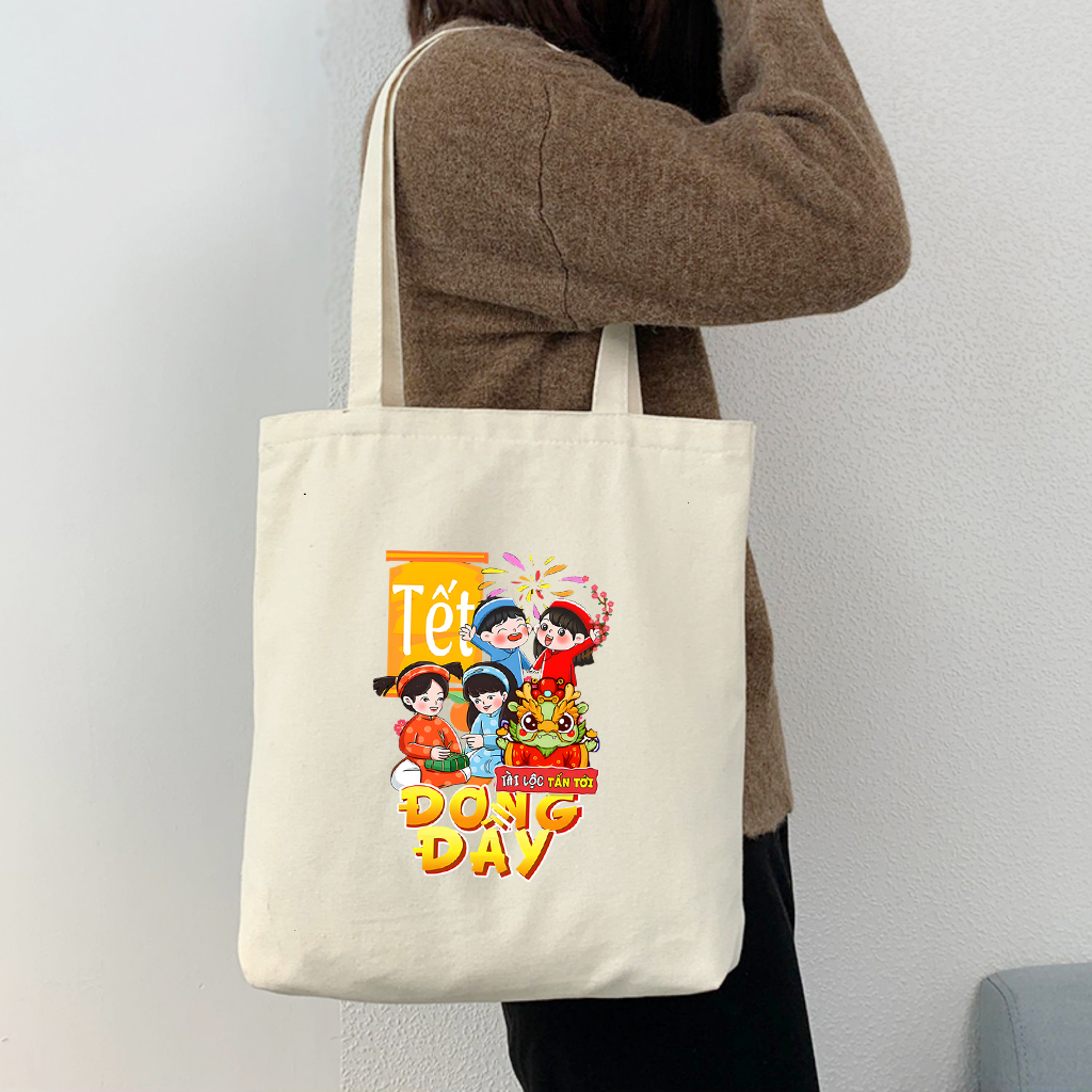 Túi tote TẾT CHÚC MỪNG NĂM MỚI 2026 có khóa kéo - Túi vải canvas Happy TẾTđựng vừa A4 laptop 35x40cm tota0256