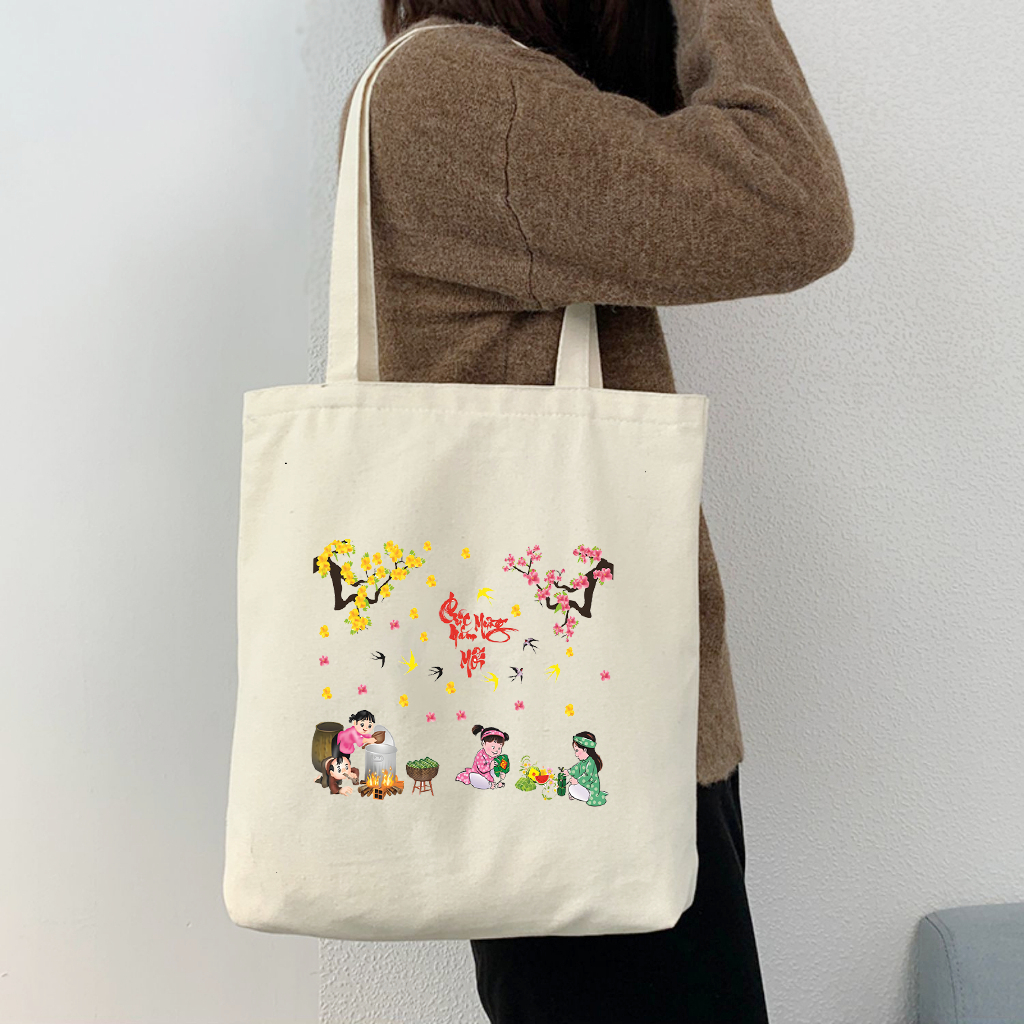 Túi tote TẾT CHÚC MỪNG NĂM MỚI 2026 có khóa kéo - Túi vải canvas Happy TẾTđựng vừa A4 laptop 35x40cm tota0256