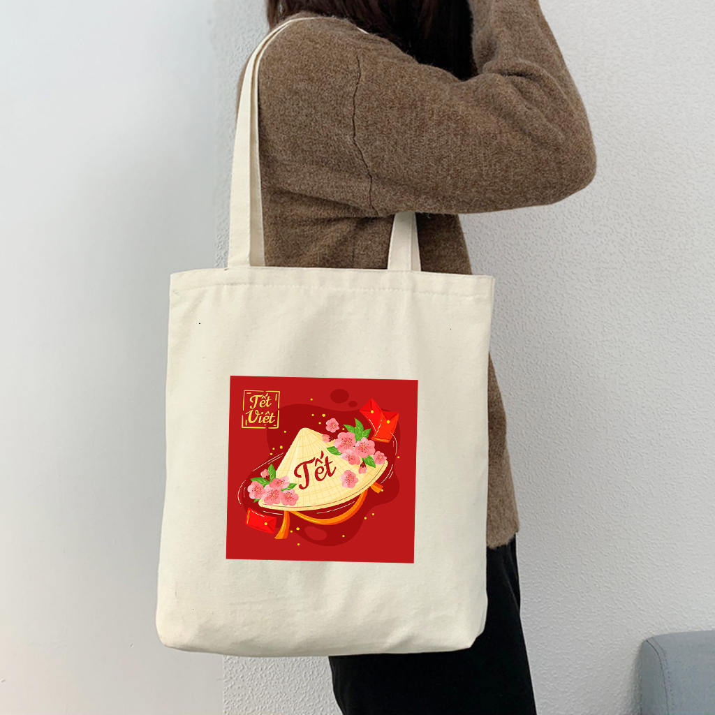 Túi tote có khóa kéo TẾT VIỆT - Túi vải canvas CHÚC MỪNG NĂM MỚI đi chơi tết đựng vừa A4 laptop 35x40cm tota0257