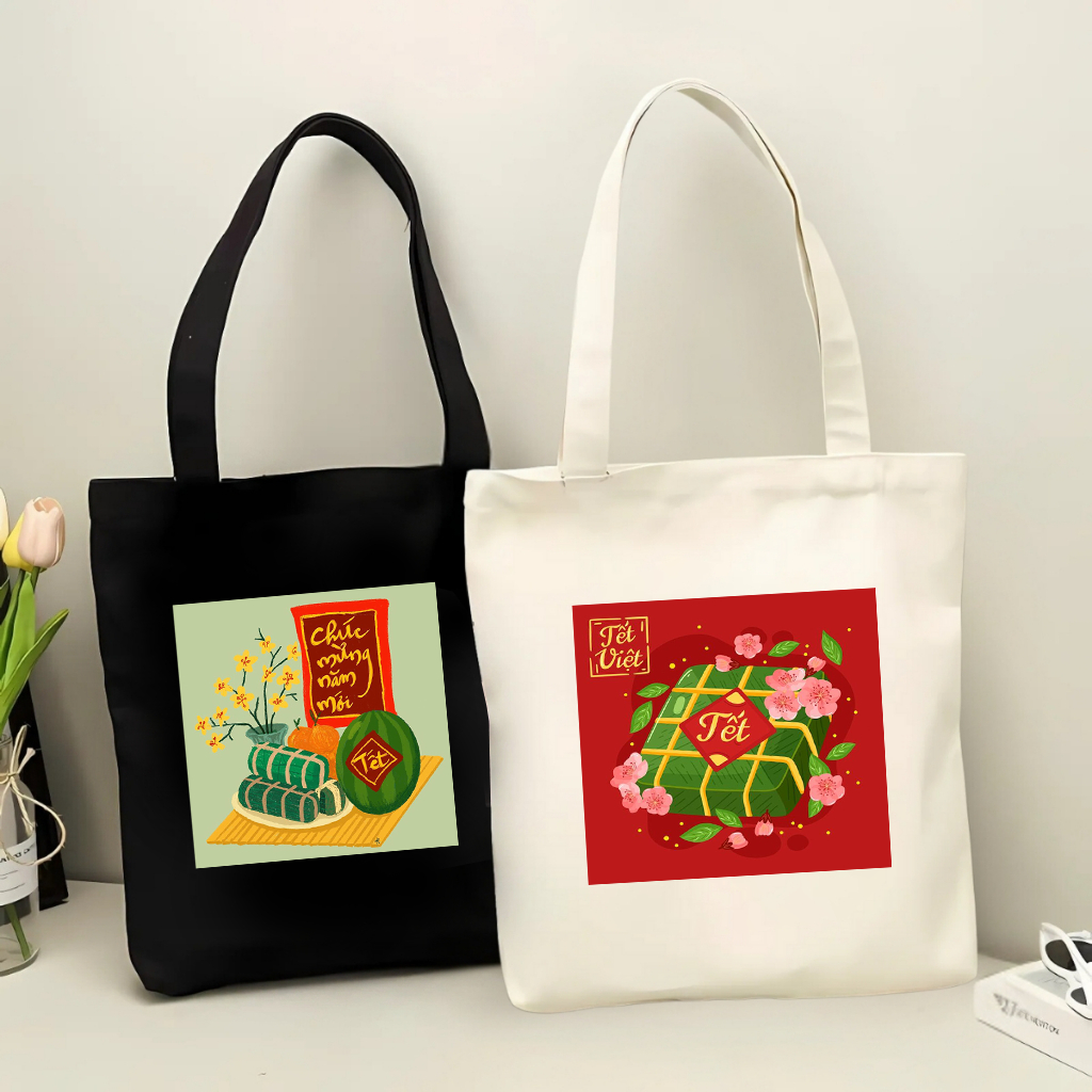 Túi tote có khóa kéo TẾT VIỆT - Túi vải canvas CHÚC MỪNG NĂM MỚI đi chơi tết đựng vừa A4 laptop 35x40cm tota0257