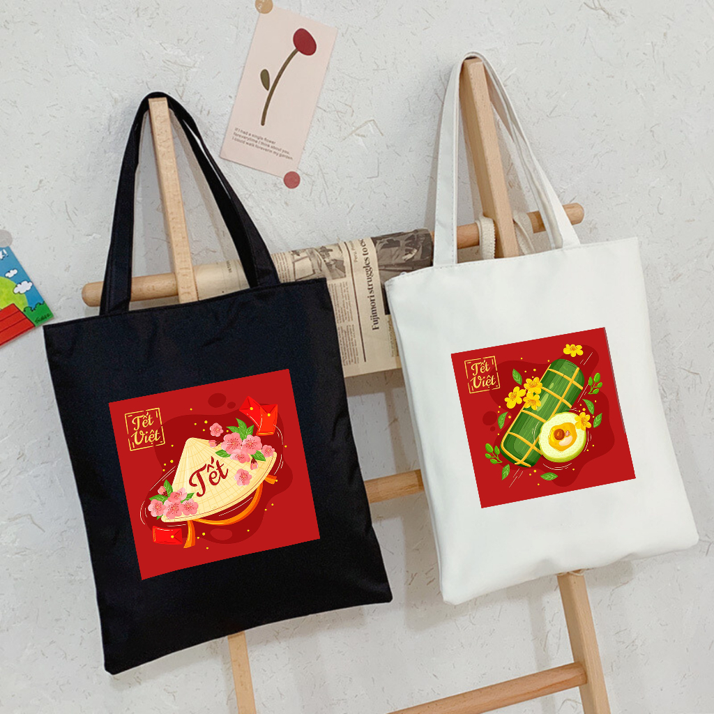 Túi tote có khóa kéo TẾT VIỆT - Túi vải canvas CHÚC MỪNG NĂM MỚI đi chơi tết đựng vừa A4 laptop 35x40cm tota0257